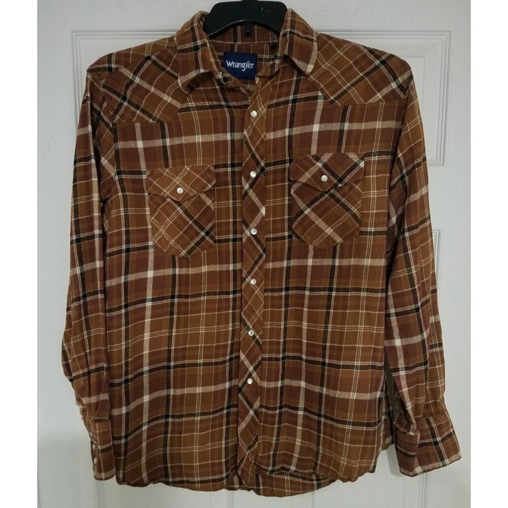 Wrangler Peal Snap Plaid Long Sleeve Shirt Mens Size Large Brown 75098AA